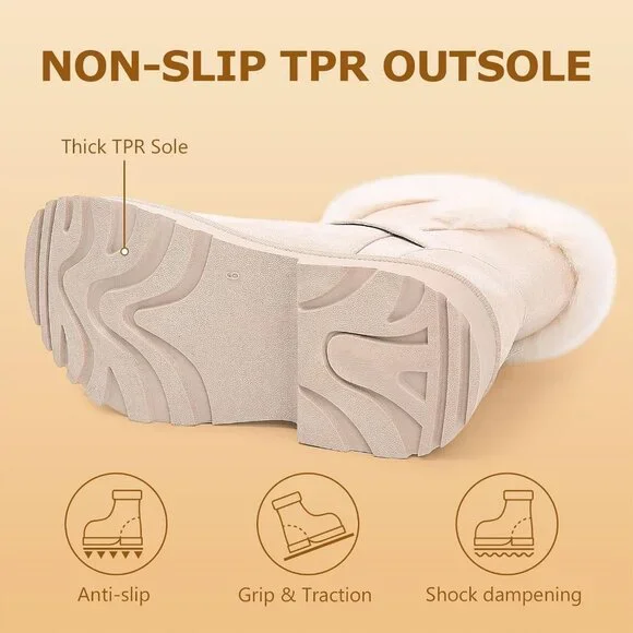 Women's Chunky Low Heel Snow Boots With Fashion Buckle Slip-On Booties Beige - Picture 5 of 6